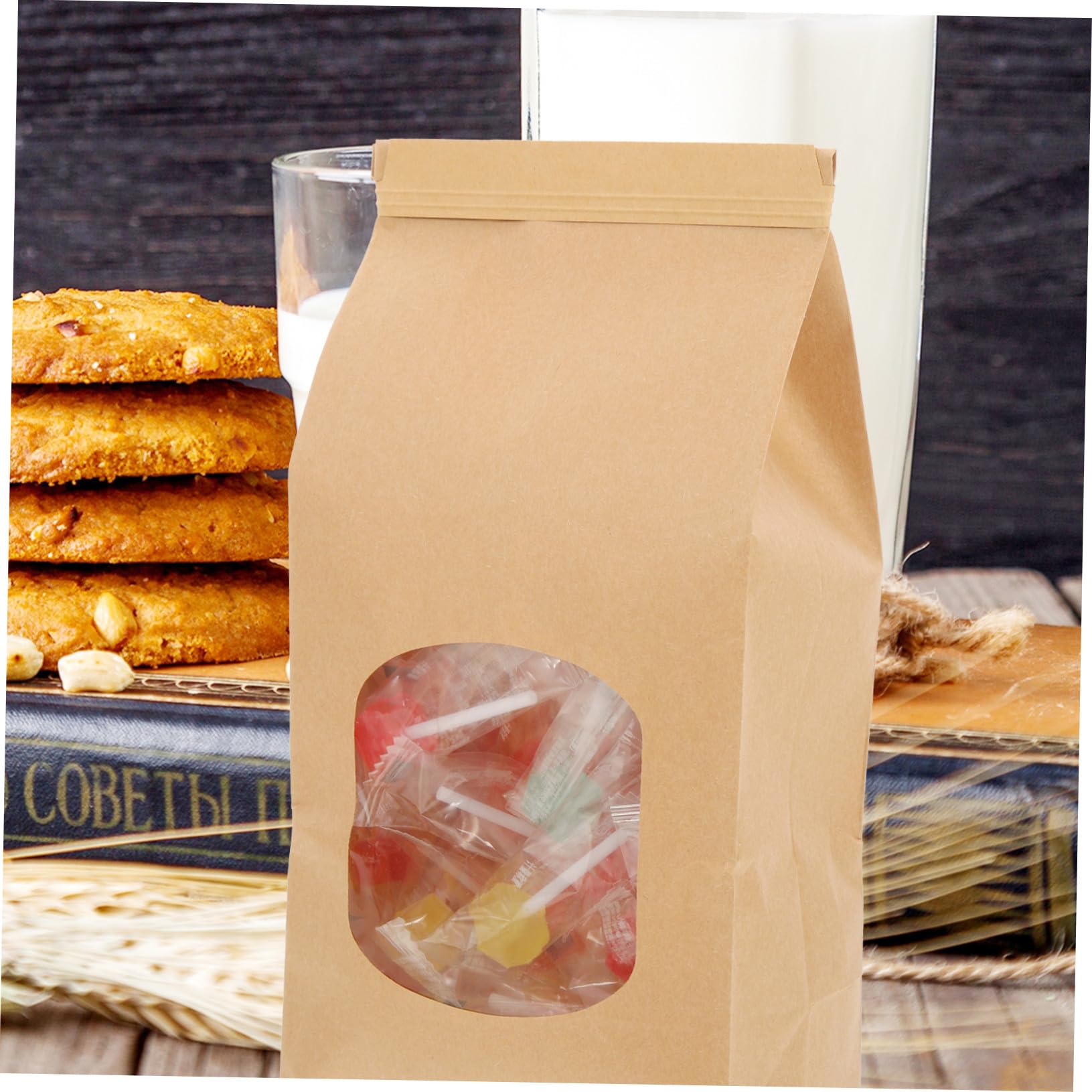 INOOMP 100 pièces Papier Kraft pour Biscuits avec Fenêtre Fermeture Sécurisée Sacs Emballage Anti-huile pour Pâtisserie Adaptés pour Usage Domestique et Commercial