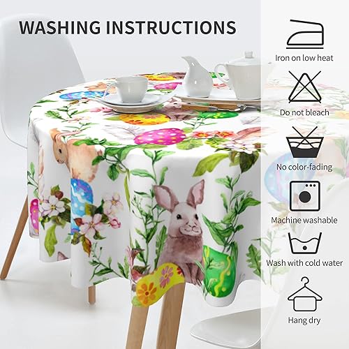 Miniatura 5 de Aitukang Mantel redondo de Pascua de 60 pulgadas huevos de colores de conejo de Pascua en hierba impermeable lavable mantel de poliéster para cocina