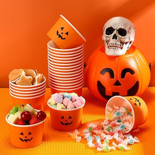 Miniatura 6 de Mumufy Tazas desechables de calabaza de 9 onzas para golosinas de Halloween, tazones de papel negro y naranja, tazones de helado de postre para