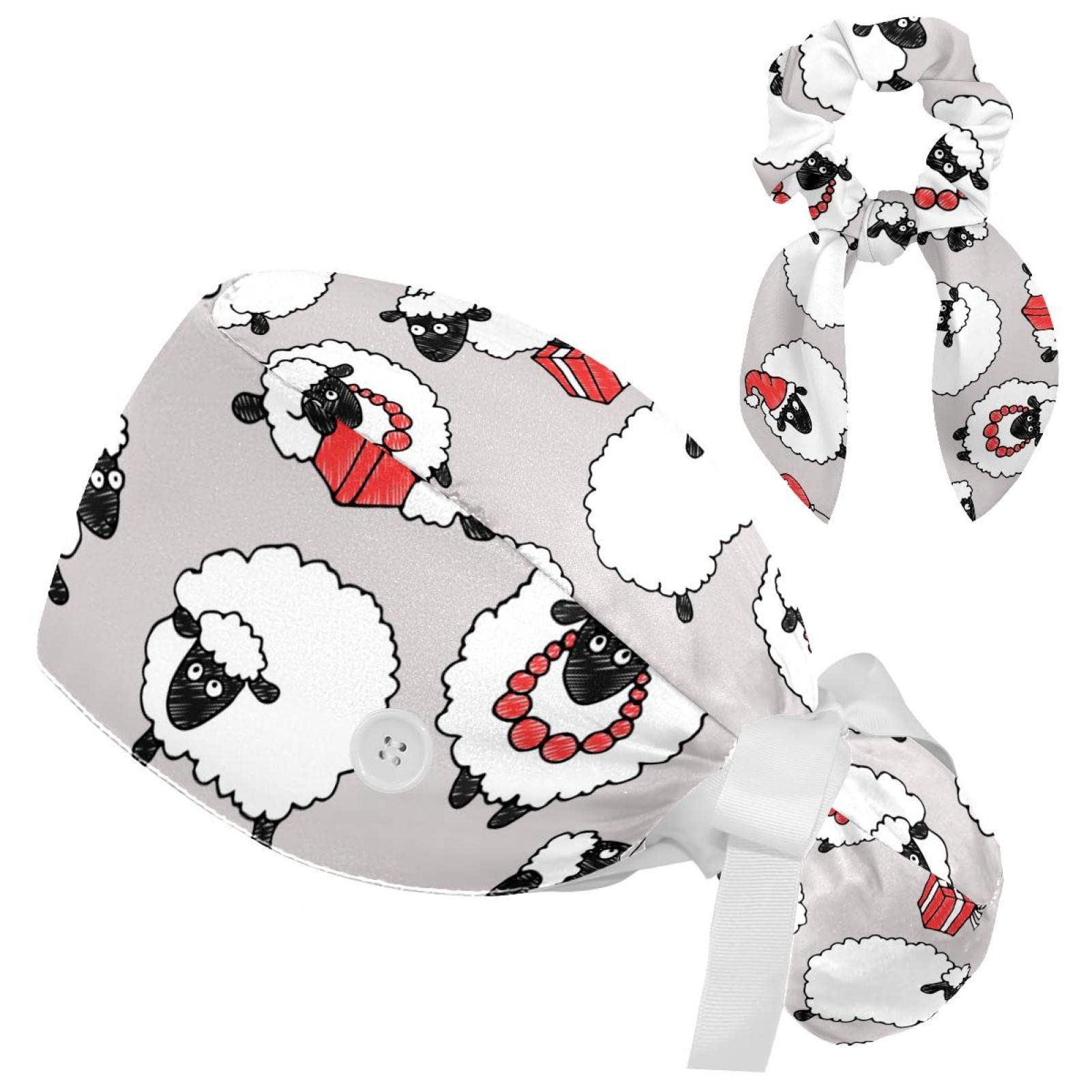 HOHODIY Sheep Scrub Caps with Buttons Women Working Cap Adjustable Sweatband Bouffant Hats