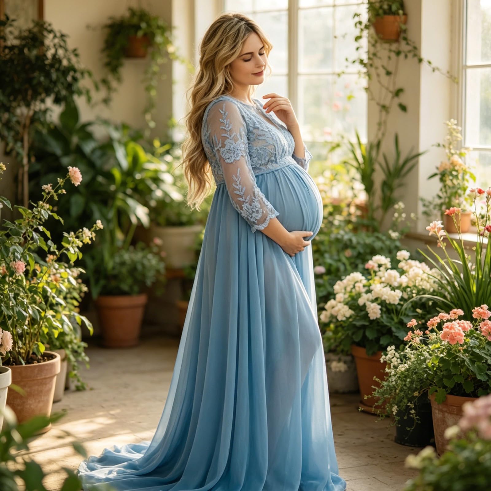 Elegante vestido de maternidad suelto con tren para ocasiones especiales Vestido de noche elástico de mezcla acrílica para mujeres embarazadas Vestido largo de manga media