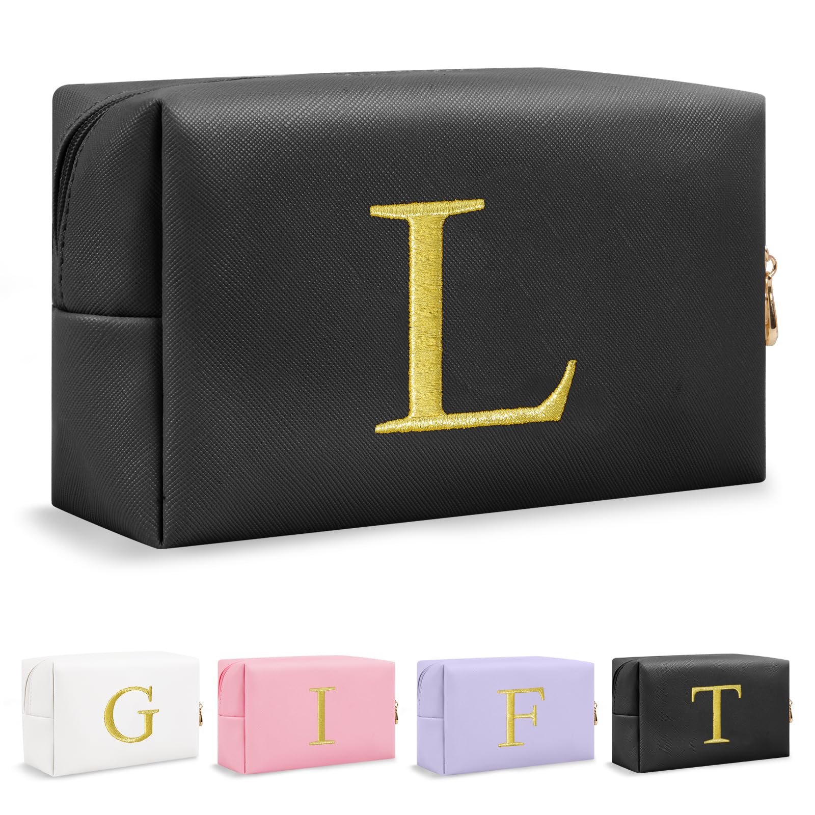 Personalized Gift Initial Makeup Bag,Preppy Gold Embroidered Letter Cosmetic Bag Stocking Stuffers for Teen Girls,Small Travel Toiletry Bag,Custom