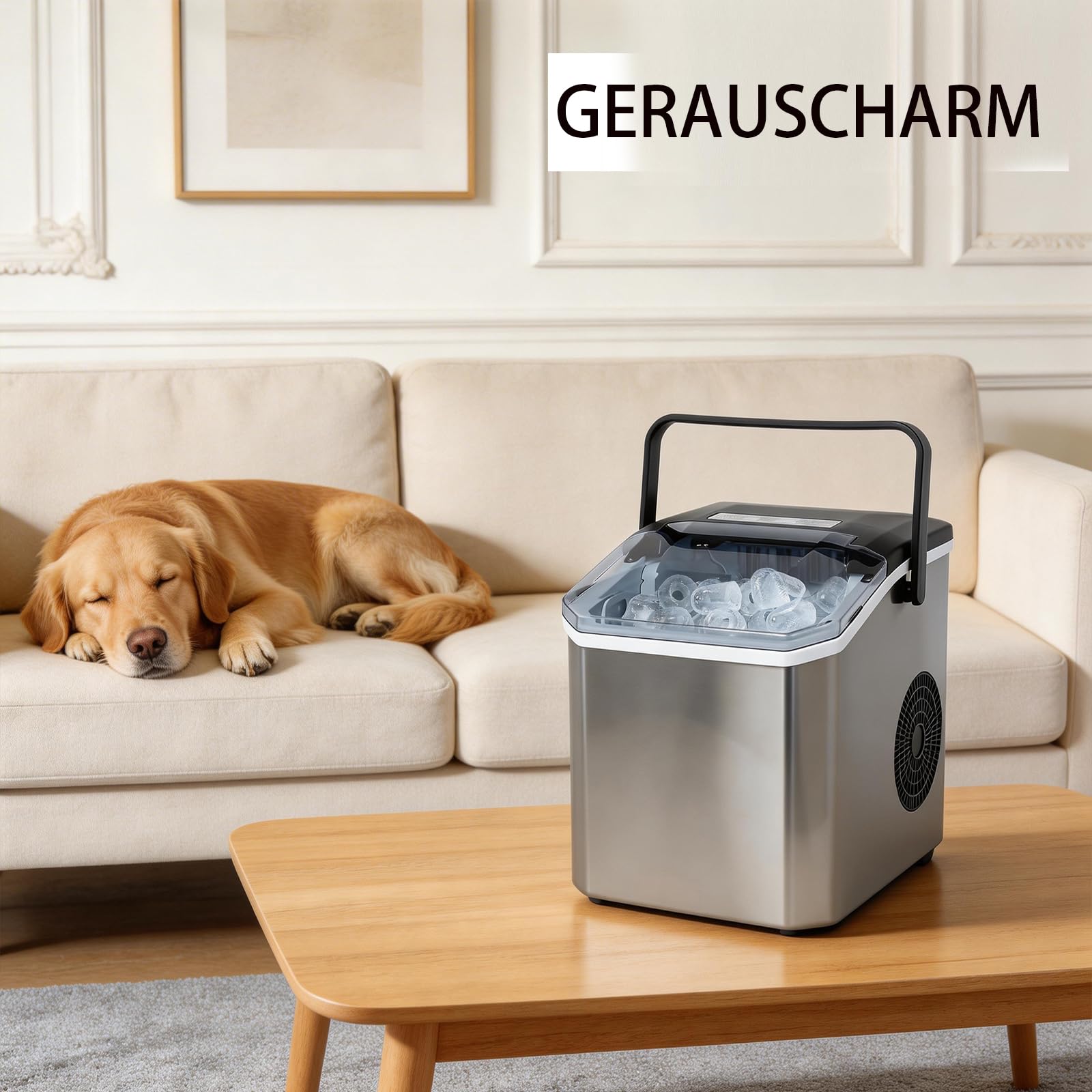 Eiswürfelmaschine 24 Stunden, 9 Eiswürfeln in nur 6 Min., 2 Größen von Bullet Ice, Selbstreinigender Eiswürfelbereiter Kleine 14kg, Mit Tragegriff, Eisschaufel u. Korb, Ice Maker für Party Büro RV