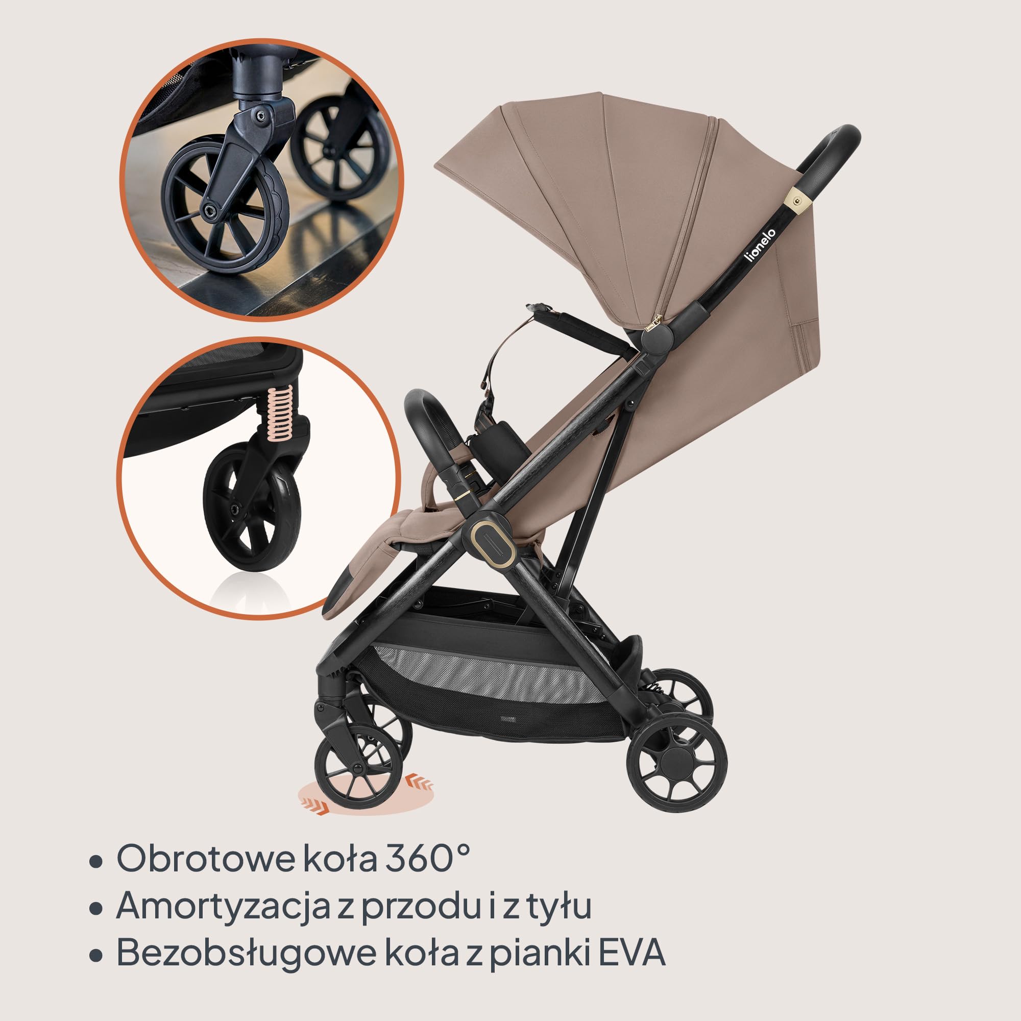 LIONELO Spacerowy Wózek Dziecięcy Bess do 22 kg od 6 m do 4 lat Obrotowe Koła PU 360° Składany Jedną Ręką, Regulacja Oparcia, Wodoodporny Daszek Lekki 7,5 kg, Kosz Zakupowy