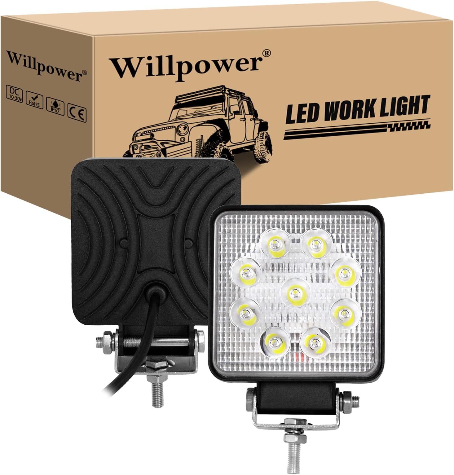 Willpower 2pc 4 inch 27W Led Pods Spot Offroad Driving Lights 12V 24V Waterproof Fog Lamps Led Work Light for Truck Tractor Car 4x4 ATV UTV SUV Boat Square