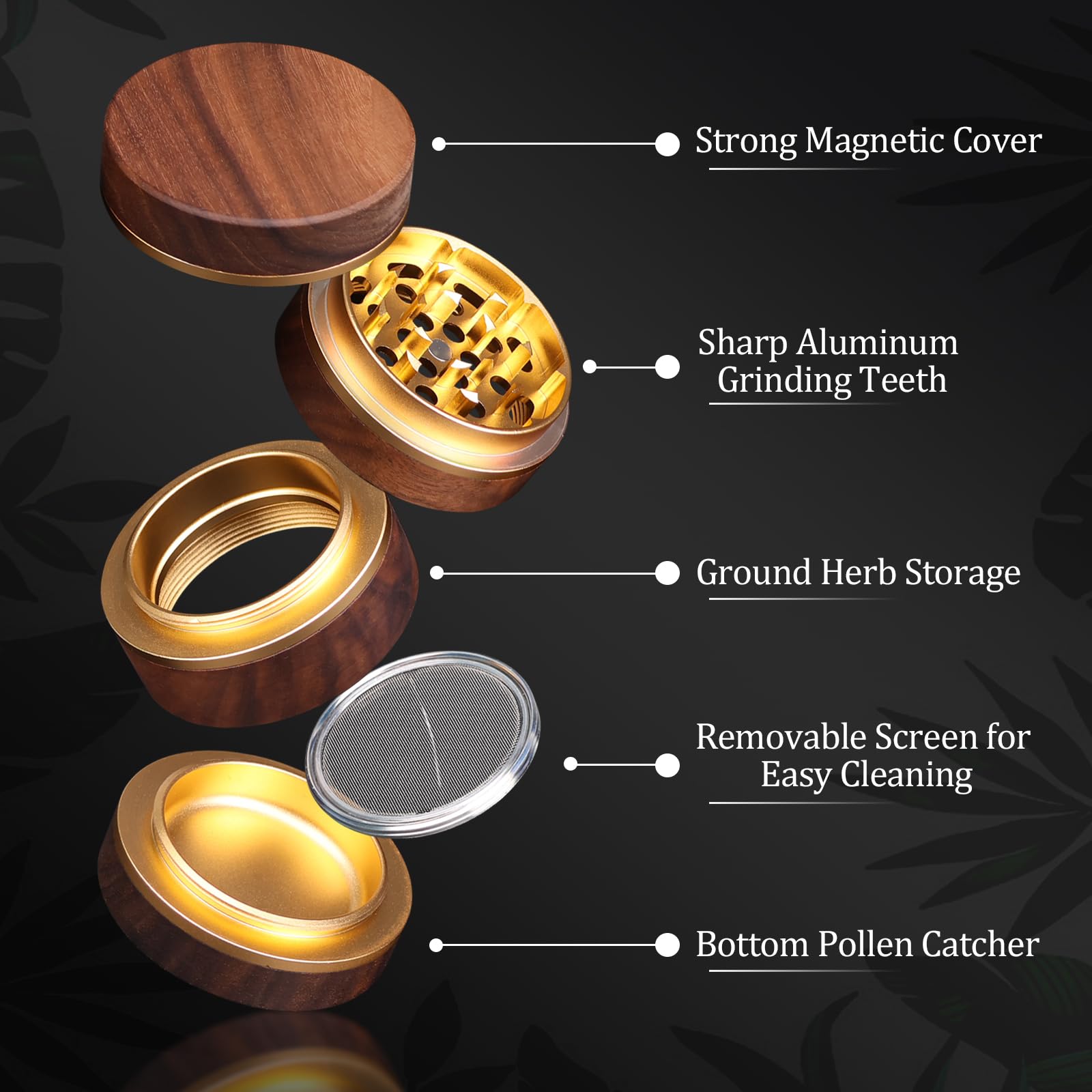 Wooden Herb Grinder for Dry Herb and Spices 4 Layers Portable Herbal Grinders with Magnetic Lid and Pollen Catcher - 2.5 Inches - Image 3