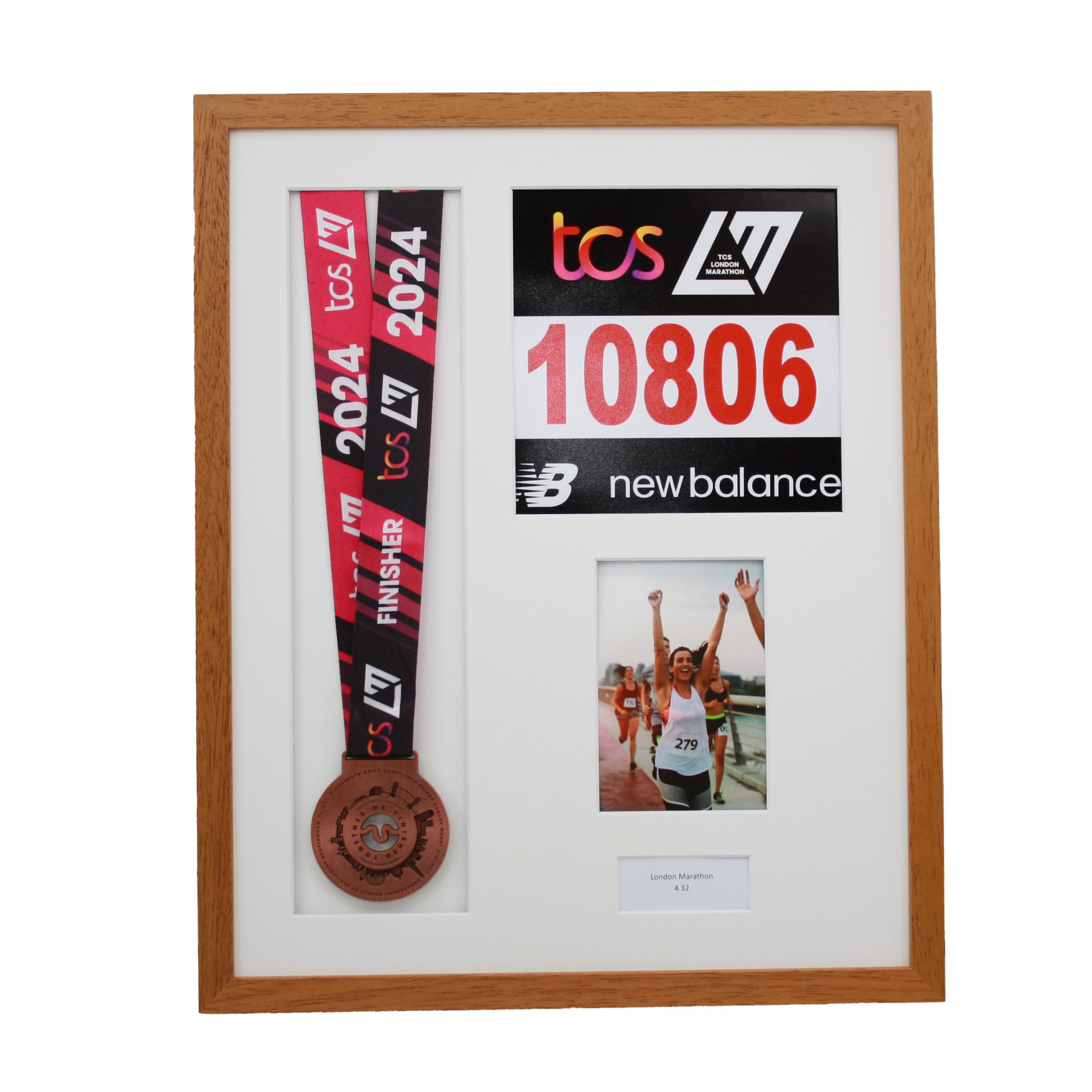 Photoframesandmore Oak Frame Personalised Medal Display Frame With Apertures For Medal, Race Bib, 6X4 Photo And Text. London Marathon 2025 | 2024 | Marathon Medal | (Oak Frame)