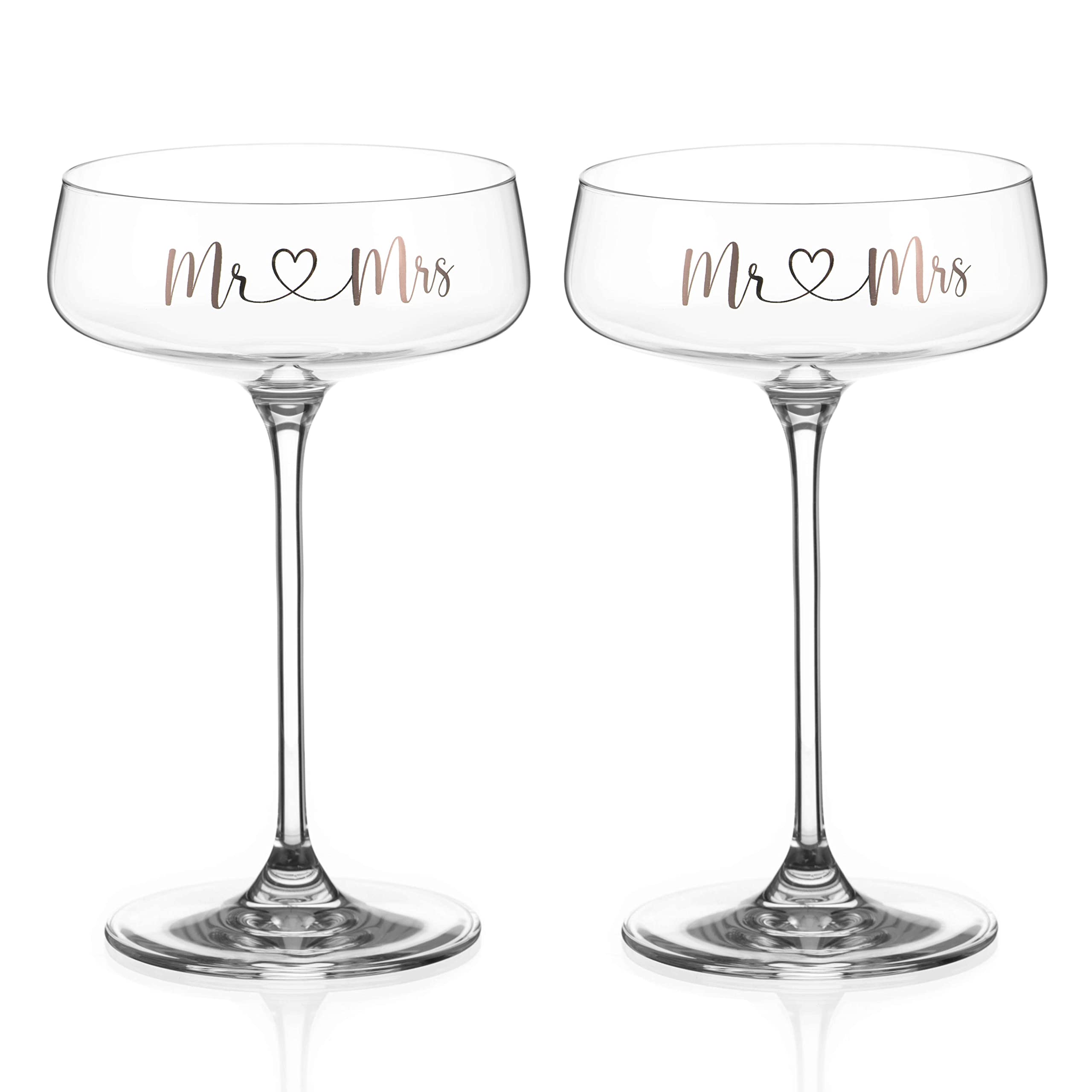 DIAMANTE Set of 2 Champagne Cocktail Coupes Saucers Pair - ‘Mr & Mrs’ Platinum Print Wedding Slogan - Set of 2 in Gift Box