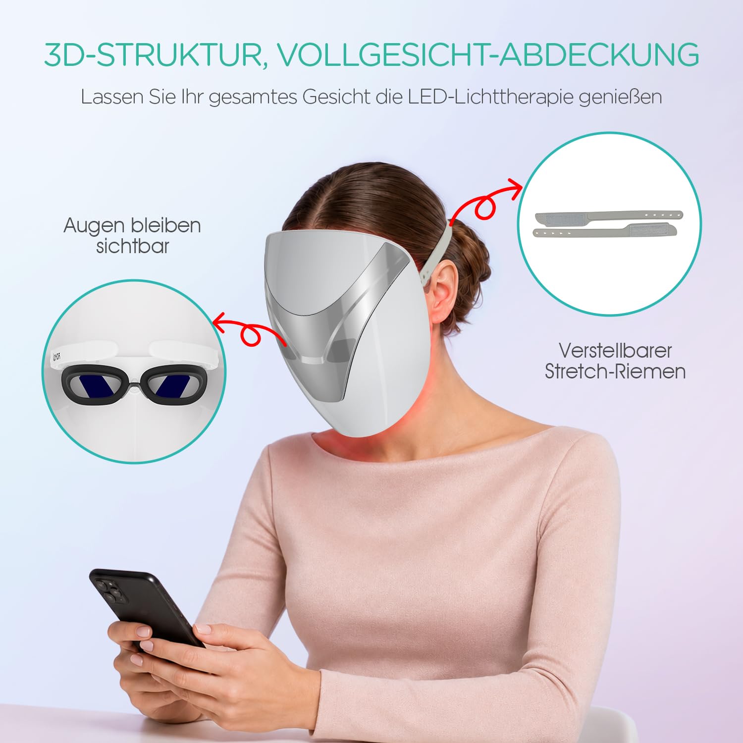 VOYOR LED-Gesichtsmaske, Lichttherapie-Maske mit Rot/Blau/Violett-Licht | Behandlung mit Timer, Komfortable Unterstützung, Kabellos, Einfache Anwendung, Anti-Aging, Verbessertes Hautbild, BM100