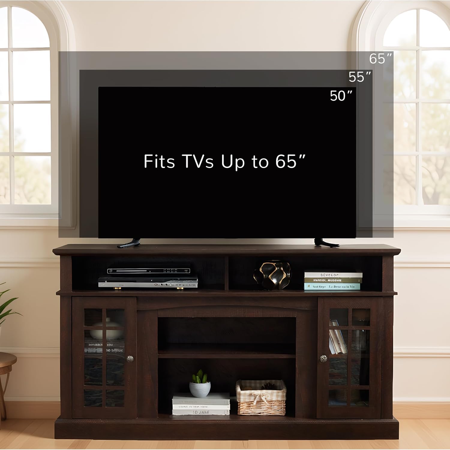Traditional American Country Style TV Stand with Glass Door, 58" W Large Entertainment Center with Open Shelves, Home Entertainment Console Table for TV Up to 65'' (Espresso & Style 1)