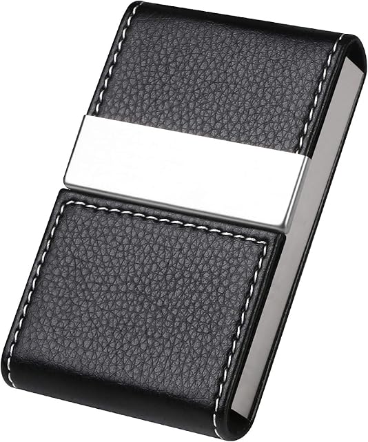 flintronic Business Card Holder | PU Leather Credit Card Holder, Slim Stainless Steel ID Case for Men/Women | Double Open Magnetic Buckle Keep Your Business Name Cards Clean (Black)