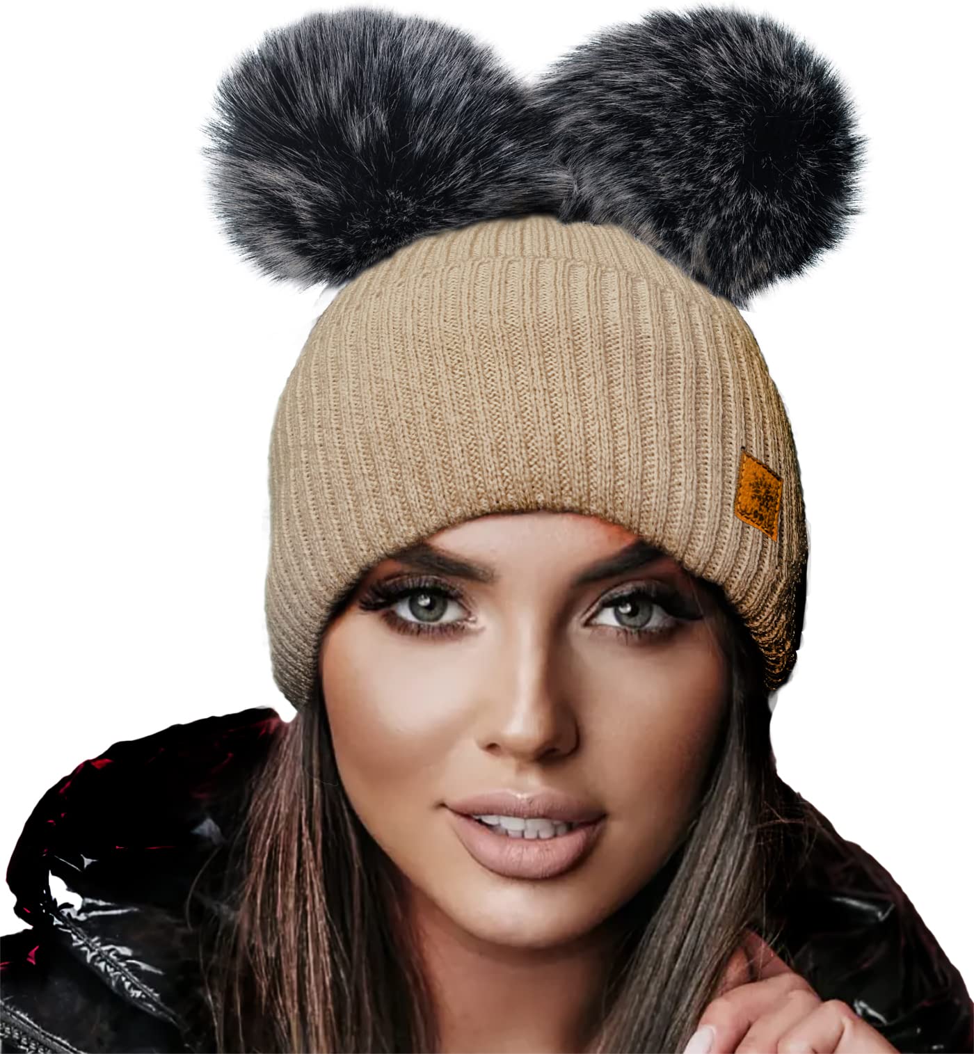 4sold Miki Colour Womens Girls Winter Hat Wool Knitted Beanie with Double Pom Pom Cap Ski Snowboard Bobble (Megi Beige)