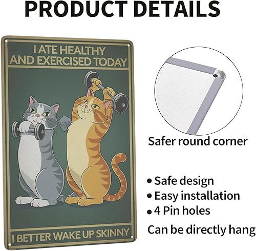 Miniatura 4 de Letrero de lata de gato de fitness de 8 x 12 pulgadas, arte de pared motivacional de metal para gimnasio, estudio de yoga y decoración de habitación