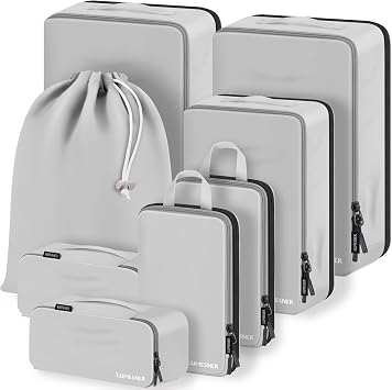 Compression Packing Cubes, Lumesner 8 Set Travel Essentials Packing Cubes for Carry on Suitcases, Compression Suitcase Organizers Bag Set & Travel Cubes 8-piece,Grey
