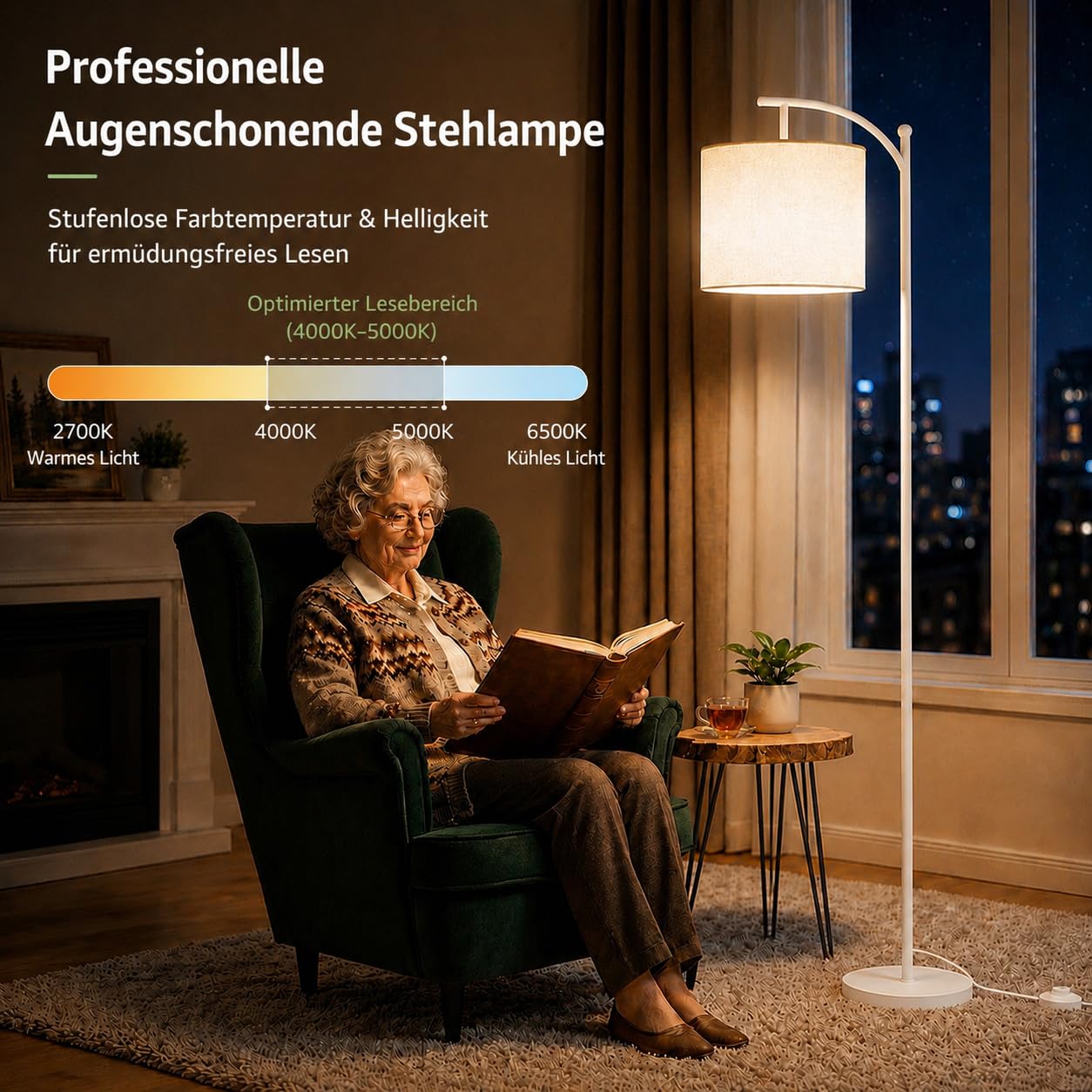 Torkase LED Bogenlampe Wohnzimmer, Dimmbare Stehlampe mit Stoffschirm, Retro Stehleuchte 2700K-6500K, 4 Farbtemperaturen & 10%-100% Helligkeit, Leselampe mit Pedalschalter Weiß