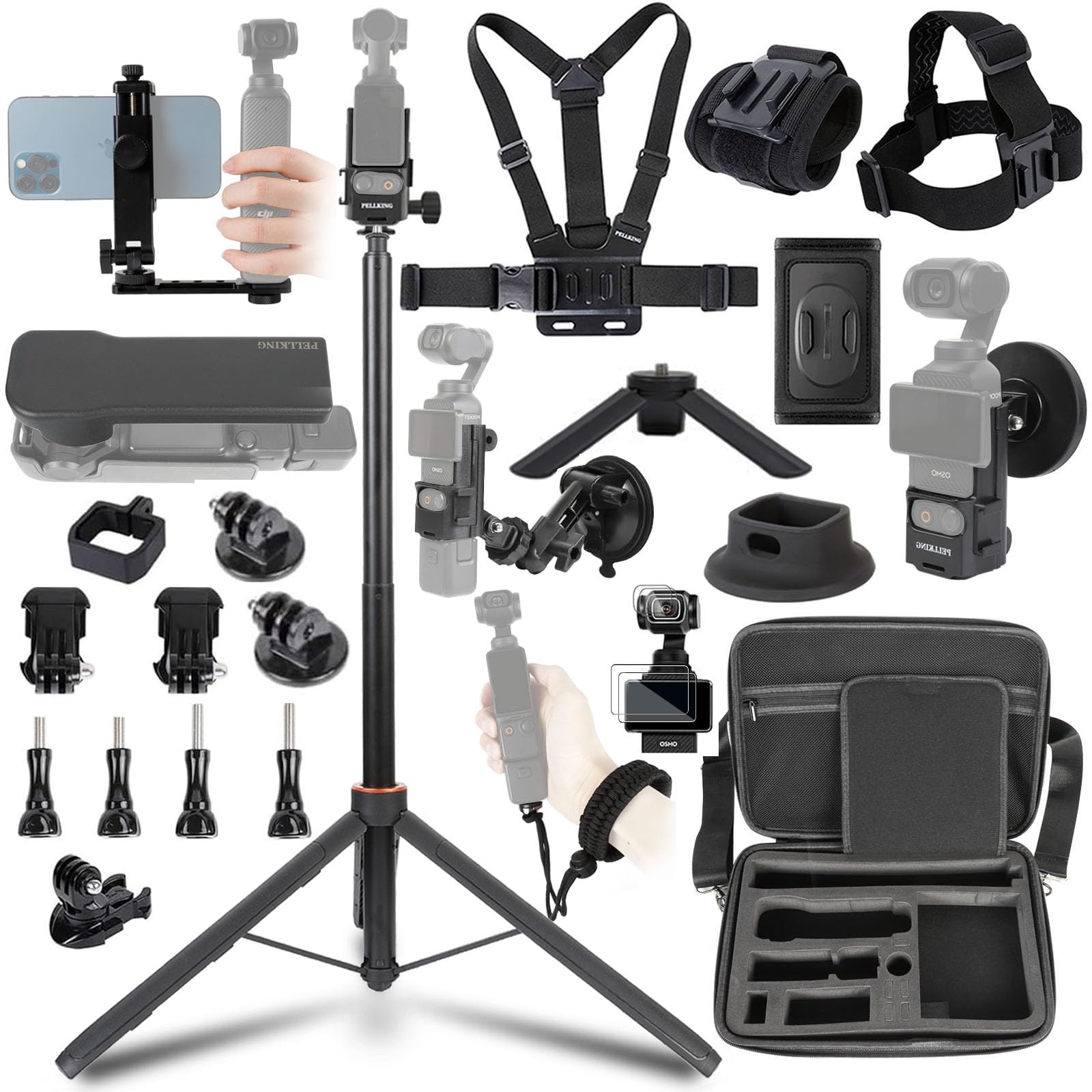 PellKing Accessories Kit for Osmo Pocket 3/Xtra Muse,Included Carrying Case with Belt,135cm Selfie Stick Tripod,Suction Cup,Magnetic Mount,4 Pcs Body
