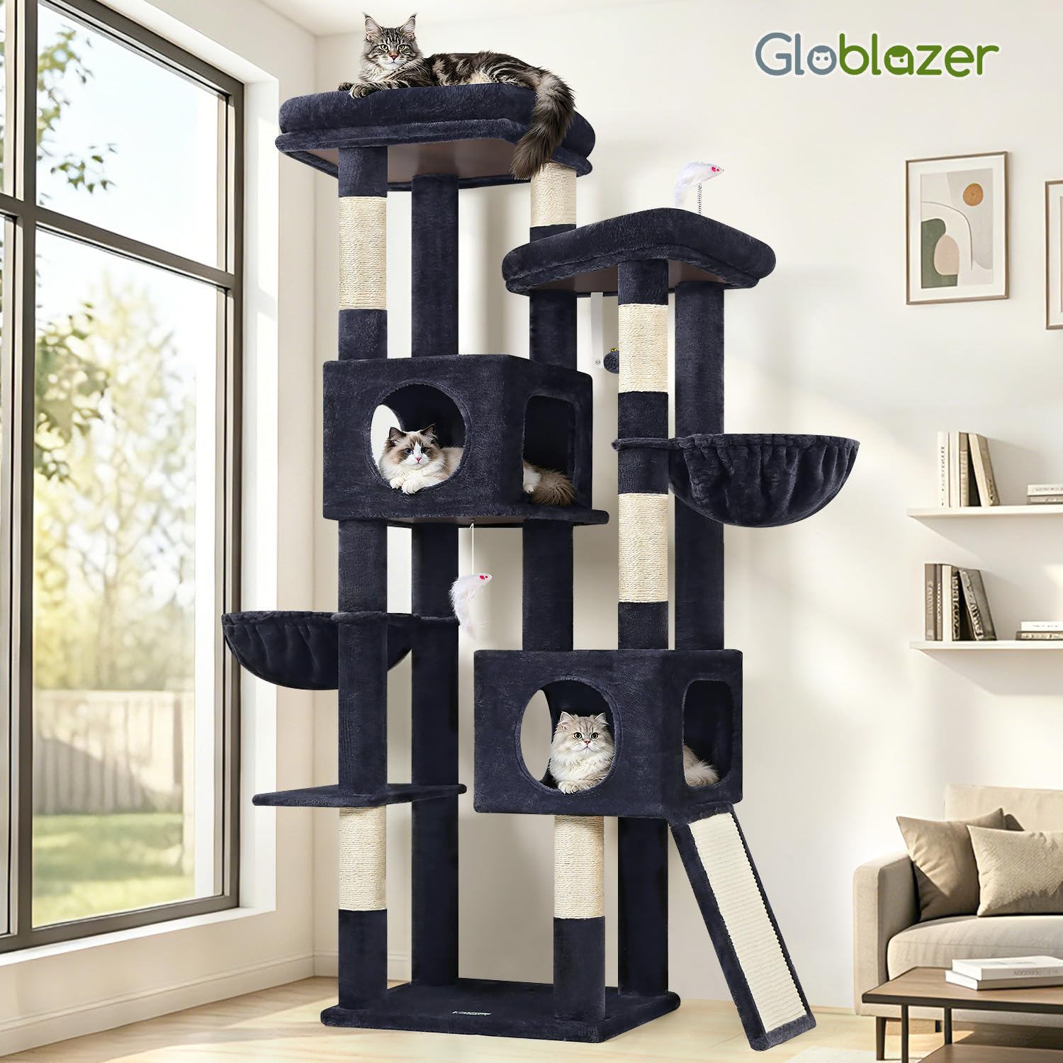 Globlazer Drapak do drapaka, stabilny, wysokość 182 cm, z 2 dużymi wyściełanymi platformami, 2 domki dla kotów, 2 kosze, sizalowa deska do drapania, dla dużych kotów, do odpoczynku, zabawy wewnątrz