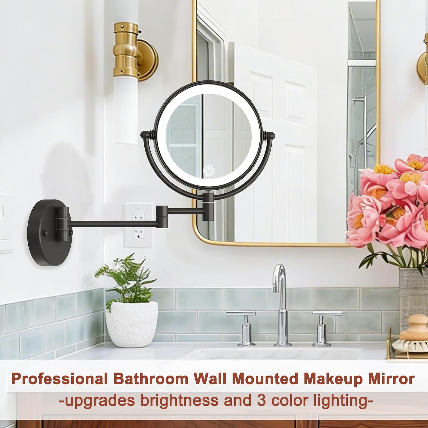 Wall Mounted Makeup Mirror with Lights and Magnification, Bathroom 10X Magnifying Vanity Mirror with 3 Color LED, Touch Dimmable, Upgraded Brightness, Cordless, Extended Arm Brass Matte Black