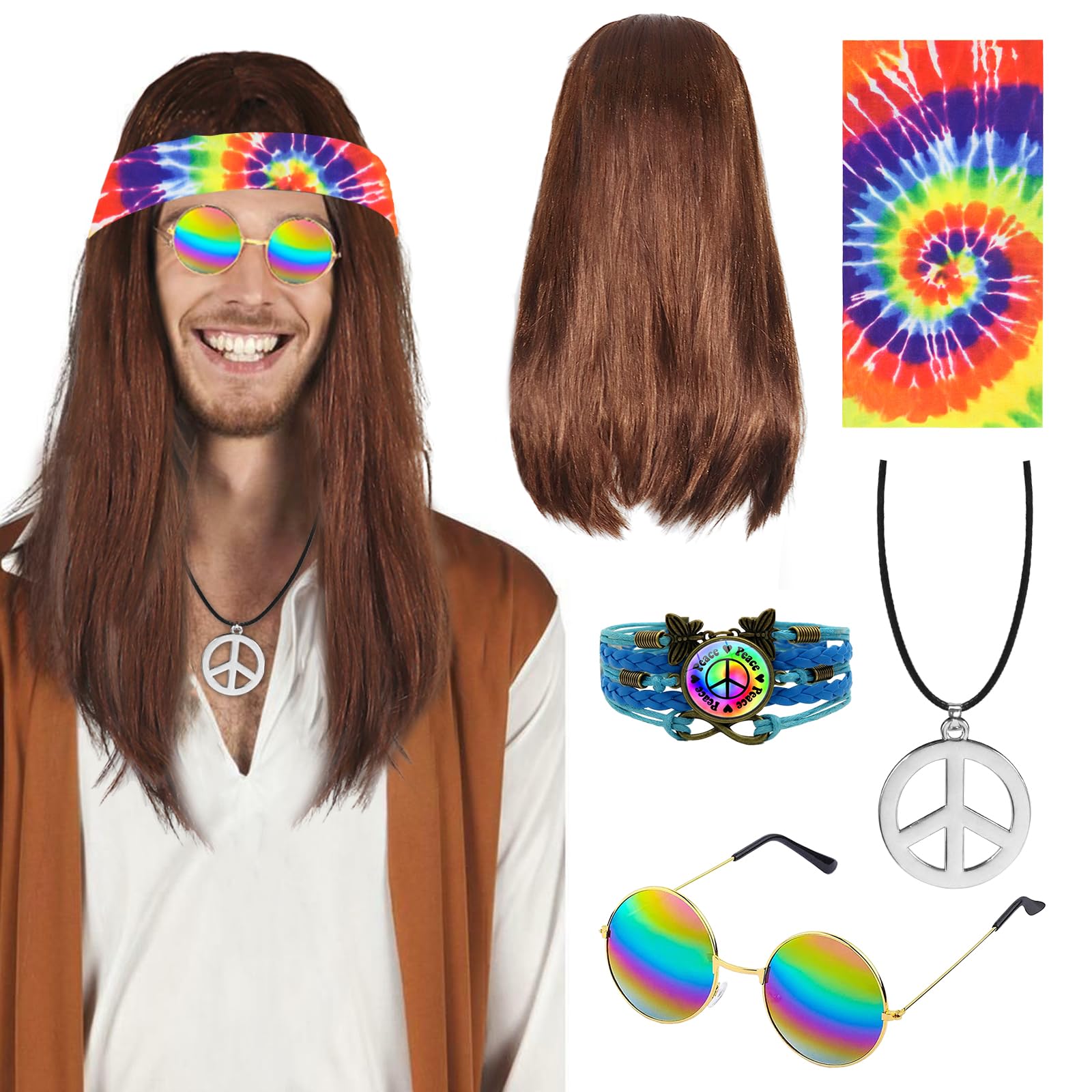 UxClishe 5 Pcs Hippie Accessories for Men 70s Disco Style 60s Outfit 80s Fancy Dress with Hippie Wig Sunglasses Hippie Fancy Dress Kit for Party Supplies (Tie Dye Style)