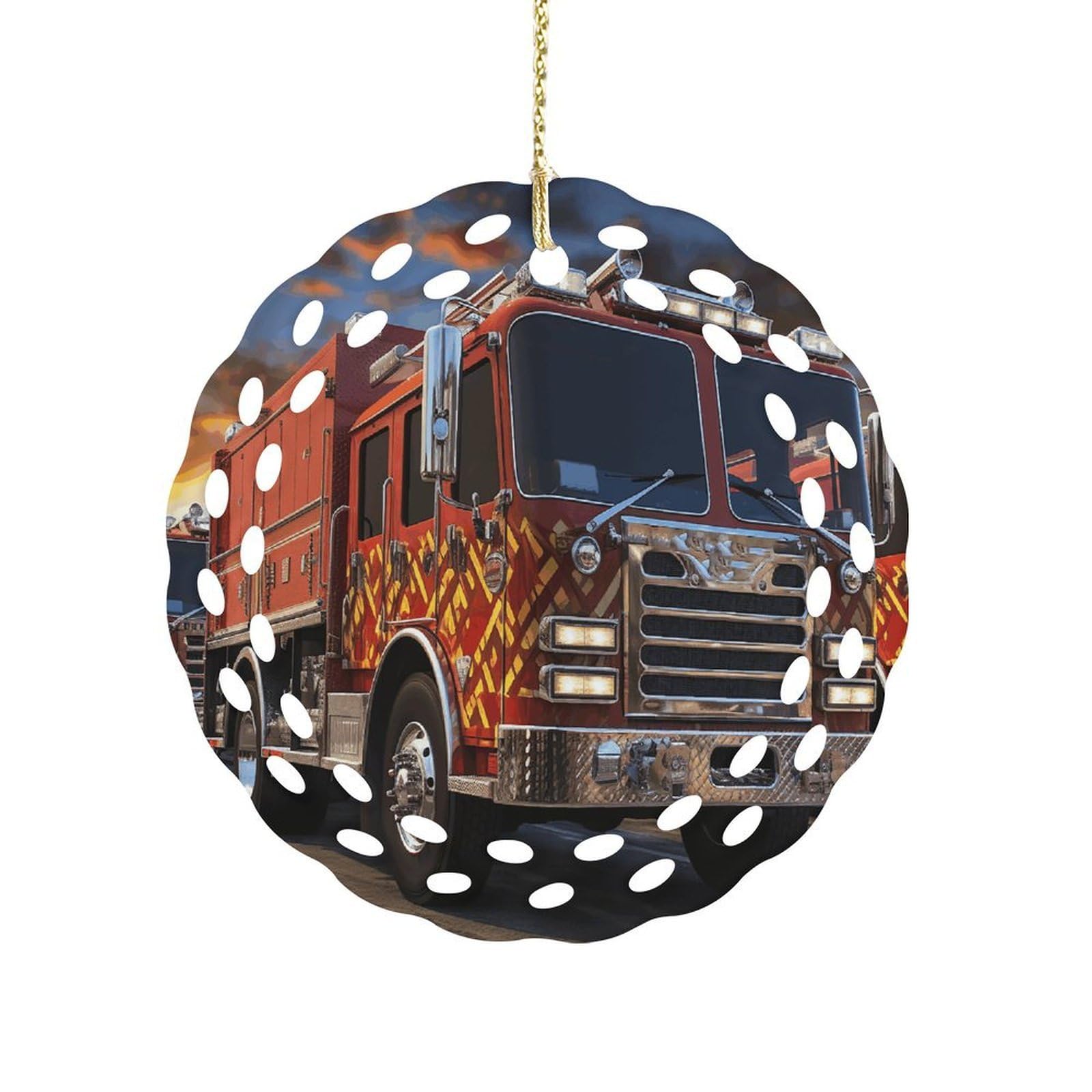 Fodpand Women's Style Fire Truck Ceramic Ornament For Home Decor 3.2" Round Tree Decoration Christmas Ornaments For Men Double-Sided Design