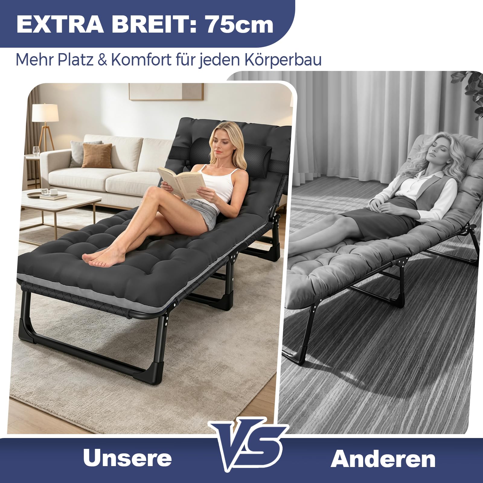 Campingbett Klappbar mit Matratze&Nackenkissen, 190x75x30cm bis 200KG, Tragbar Feldbett mit Groß Seitentasche, Sonnenliege Outdoor&Indoor, Gästebett Faltbar Oxford-Gewebe, Tragetasche, Schwarz