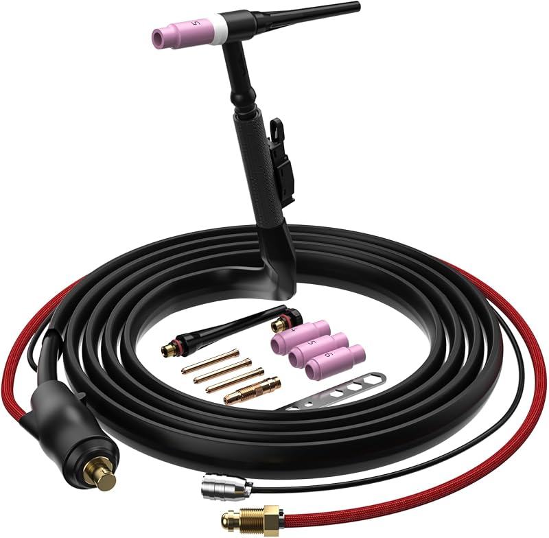 ARCCAPTAIN TIG Torch with High-Frequency Ignition, WP-17 Air-cooled Argon | TIG Welding Torch with 35-50mm² Plug, 13-FT Air Hose (Red) and Cable, HF Tig Torch 150amp for ARCCAPTAIN TIG200 and TIG200P