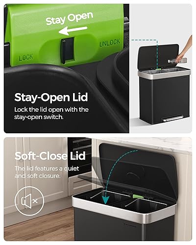 Miniatura 3 de SONGMICS 2 cubos de basura de doble compartimento de 8 galones, cubo de reciclaje de pedal de 60 L, acero inoxidable, 15 bolsas de basura incluidas,