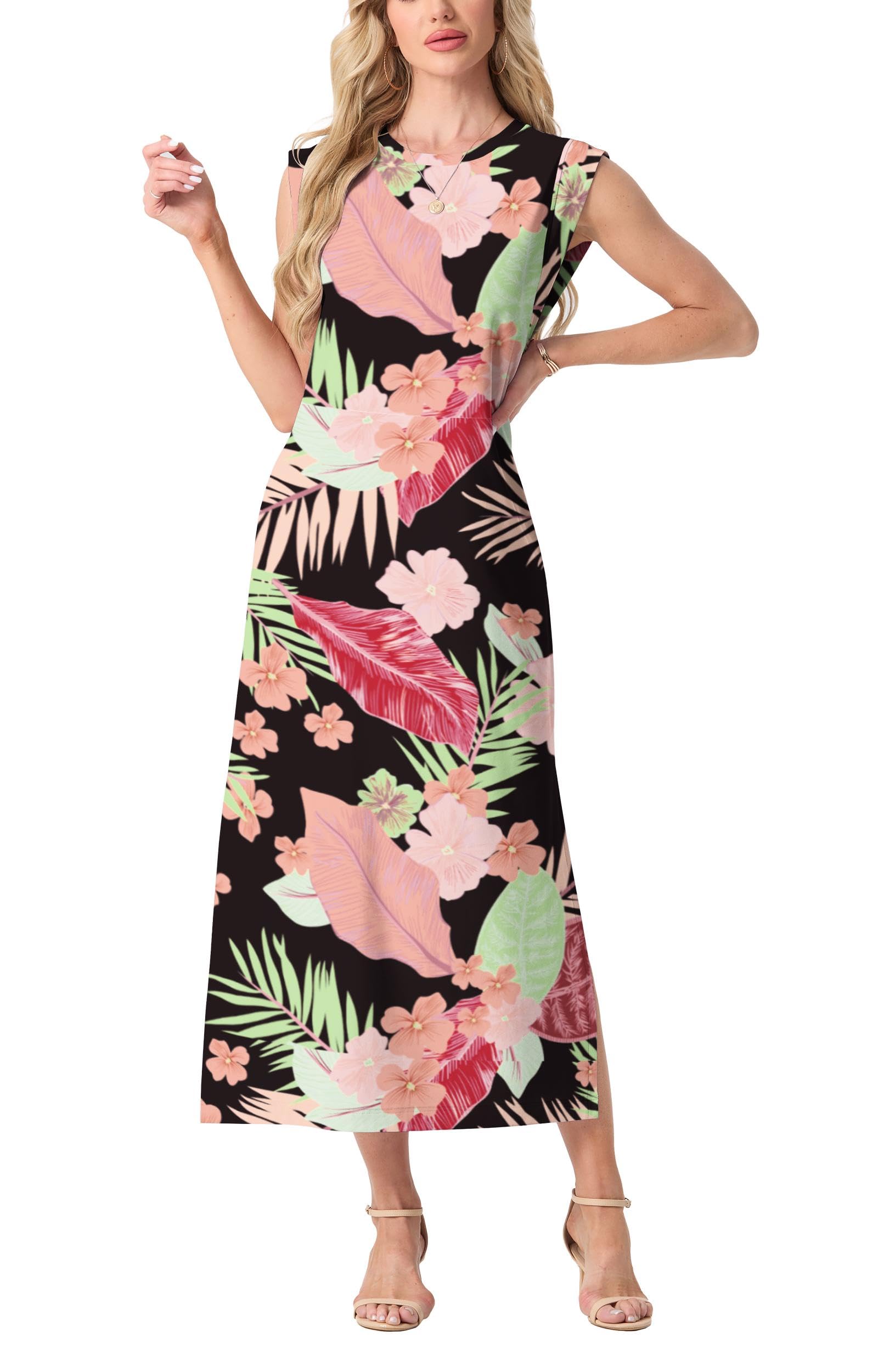 GRECERELLE 2025 Women Summer Casual Round Neck Cap Sleeve Maxi Dress with Pockets Beach Vacation Sundress