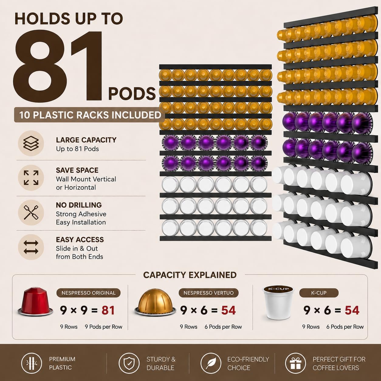 Adhesive Coffee Pod Holder, 10 PCS Under Cabinets/Wall Mounte Vertically or Horizontally,Coffee Pod Storage for Coffee Shop Desktop Office and Kitchen,Black image 2