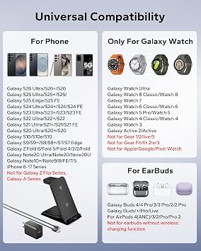 3 in 1 Charging Station for Samsung for Thick Cases of 10MM/Otterbox/Heavy Duty, Wireless Charger for Galaxy S26 Ultra/S25/S24, Phone Charger Stand for Galaxy Watch (Not for Watch 9/Ultra 2)