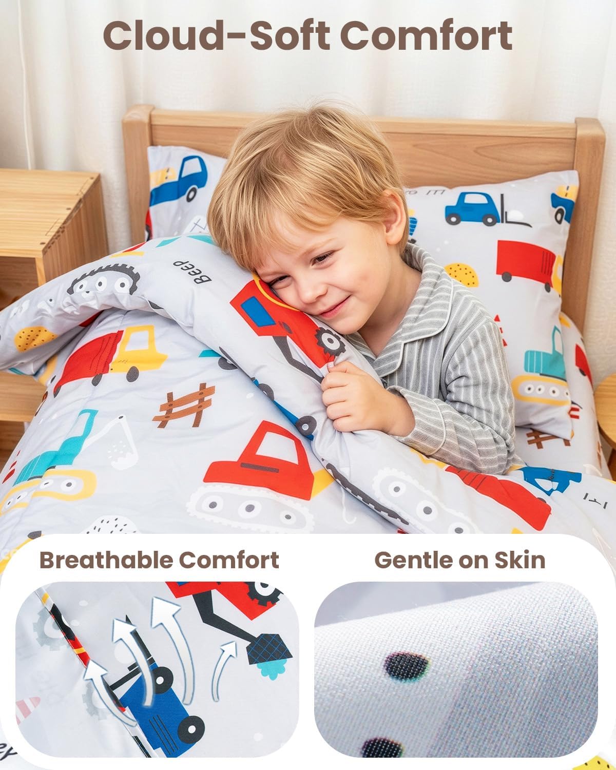 TinyPalsa Toddler Bedding Set, 4-Piece Grey Construction Comforter Set for Girls and Boys, Breathable Crib Bedding Includes Ultra-Soft Quilt, Flat and Fitted Sheets, and Reversible Pillowcase