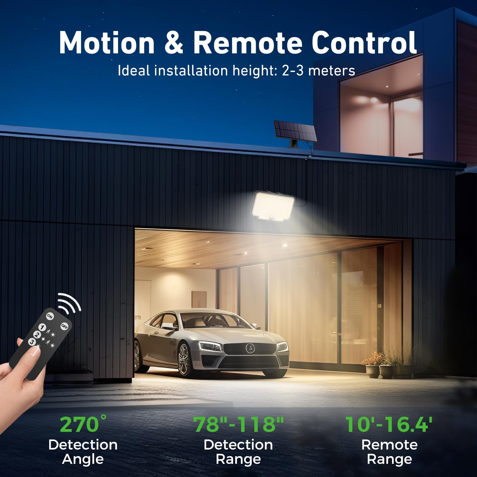nipify - Lámpara solar y exterior con sensor de movimiento, 310 LED/3 modo/ángulo de iluminación 270°, mando a distancia, iluminación impermeable