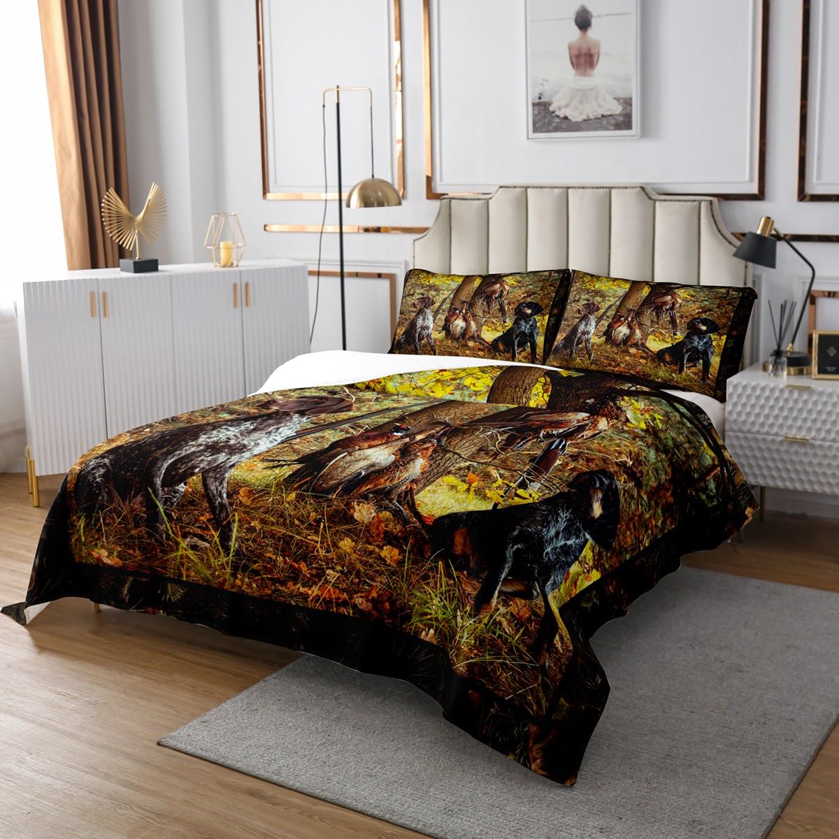 Erosebridal Pheasant Hunting Quilt Set Queen Size Black Dog Bedspread Set Boho Farmhouse Wild Animals Coverlet Set Woodland Leaves Hunter Gun Room Decor Bed Set for Men Boys Adults Kid