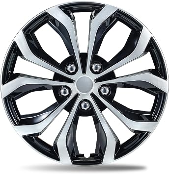 14 Inch Dual-Tone Black & Silver Wheel Covers Hubcaps for Steel Wheels, Set of 4, Adjustable Snap-On Design for Most Sedans, SUVs, Trucks & Vans, Tool-Free Install