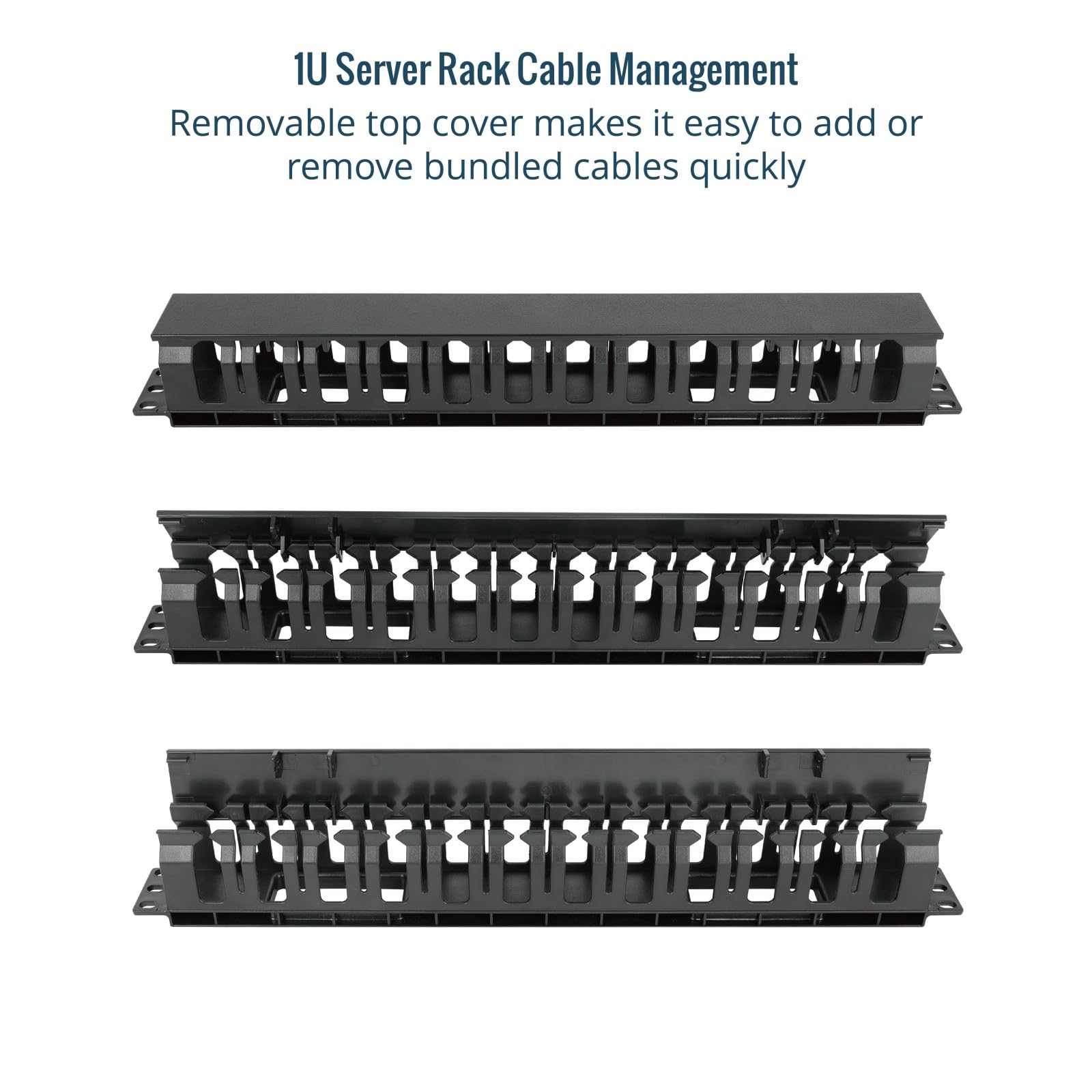 Tecmojo Paquete de 2 estantes de servidor de 1U para gestión horizontal de cables con cubierta, organizador de cables de plástico de 2.6 pulgadas de profundidad, montaje en rack de 12 ranuras