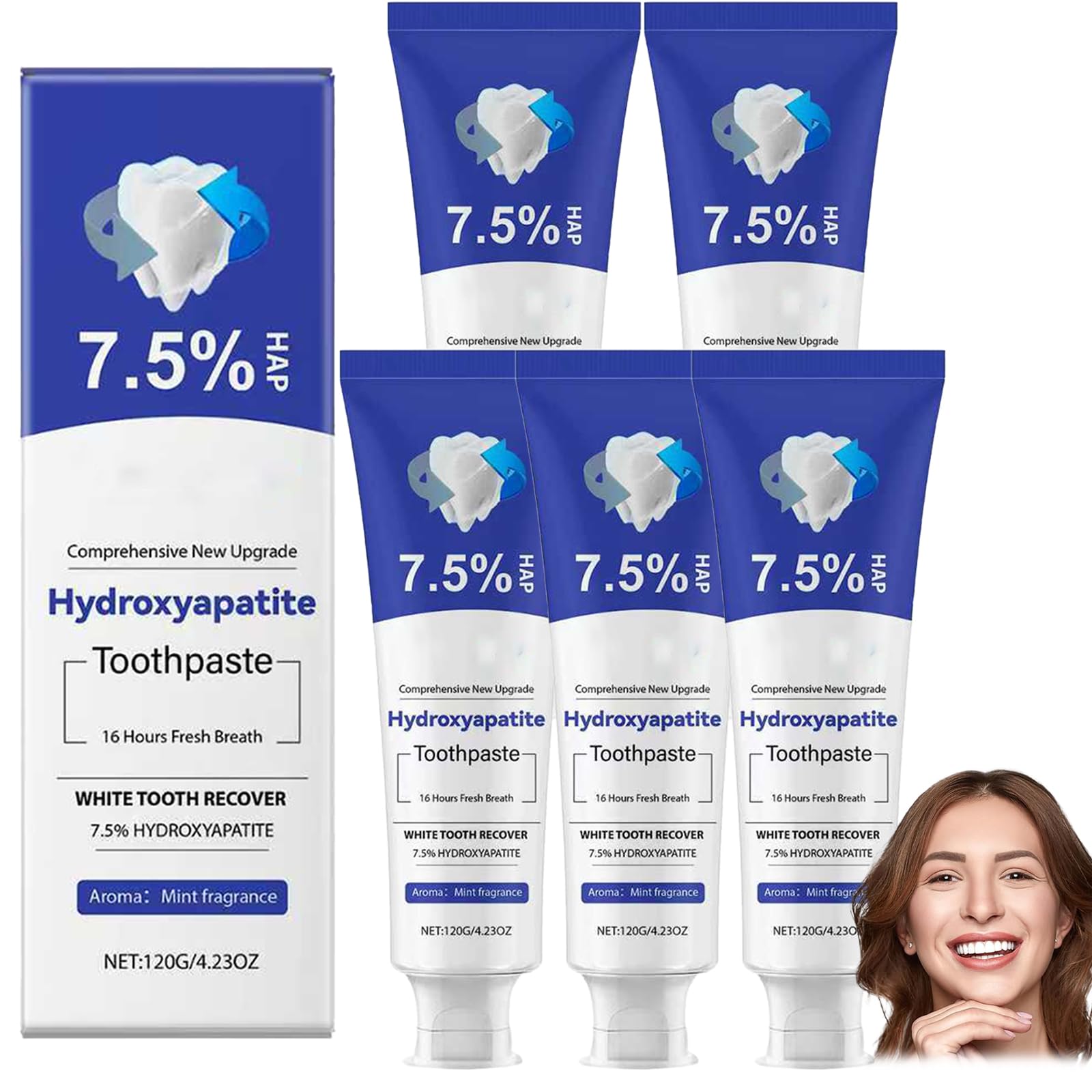 Hydroxyapatit-Zahnpasta, 7,5% fluoridfrei, Nano-Hydroxyapatit-Zahnpasta für die Zahnschmelzpflege, sanfte Mundpflege, frischer Minzgeschmack, tägliche Pflege für empfindliche Zähne (5pcs)