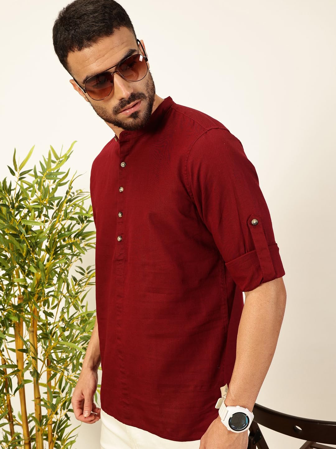 Thomas Scott Mens Linen Solid Kurta Shirt (Ts1529_Maroon_M)