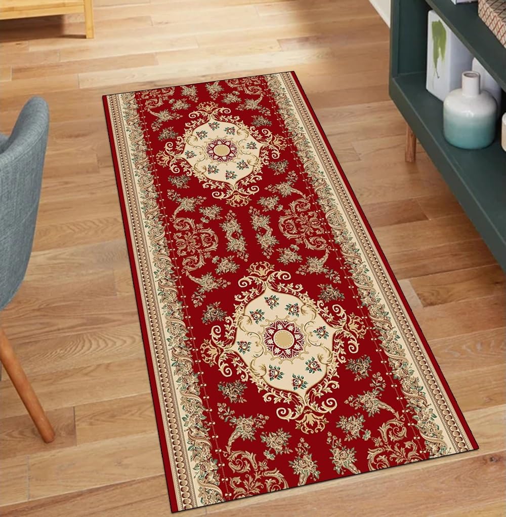 Tapis de couloir antidérapant rouge vintage pour décoration d'intérieur