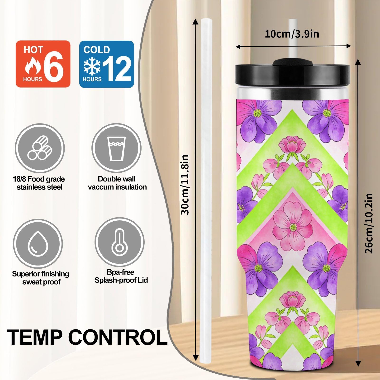 Chevron Blooms - Vaso de café de viaje de acero inoxidable, taza de café con tapa y popote, taza con asa, gran capacidad, doble pared al vacío, a prueba de fugas, taza térmica de café helado