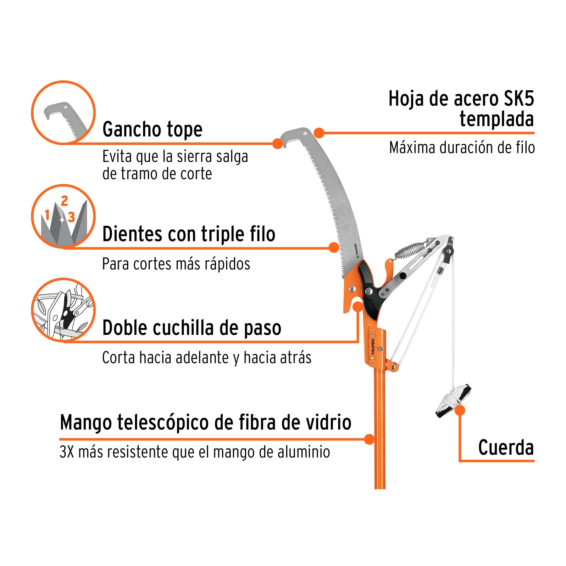 TRUPER TR-82M-F Podadora de árbol con poste extensible de fibra de vidrio