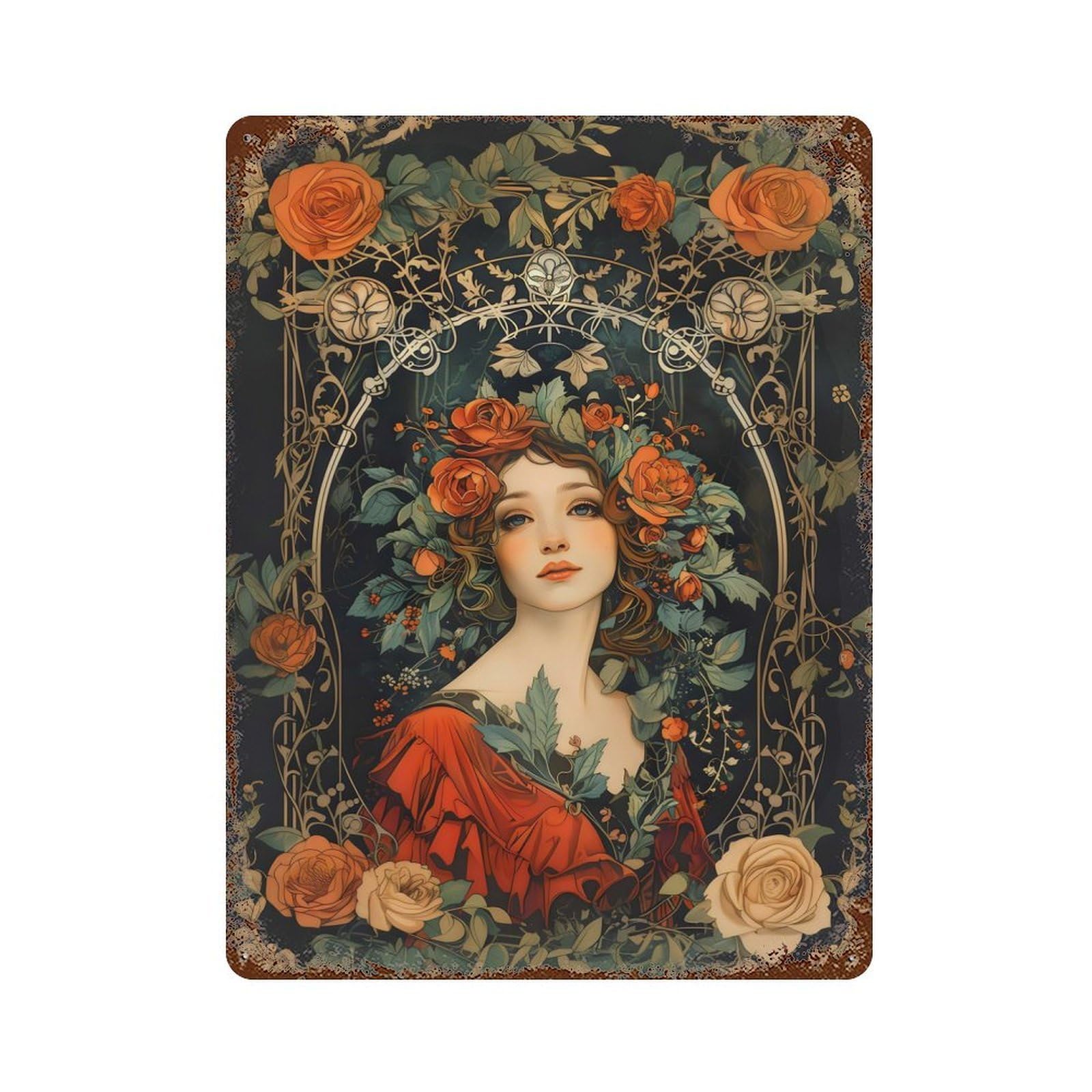 Distressed Metal Wall Sign Woman With Roses 15.7"x11.8", Decorative Metal Wall Art for Farmhouse, Kitchen And Entryway Decor