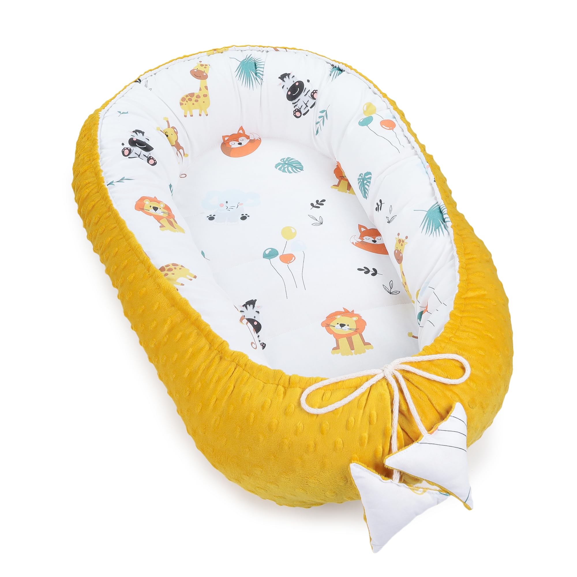 Baby nest newborn cocoon - warm cuddly nest baby cot bumper made of cotton and Minky with Oeko-Tex certificate (safari with mustard Minky, 90 x 50 cm)