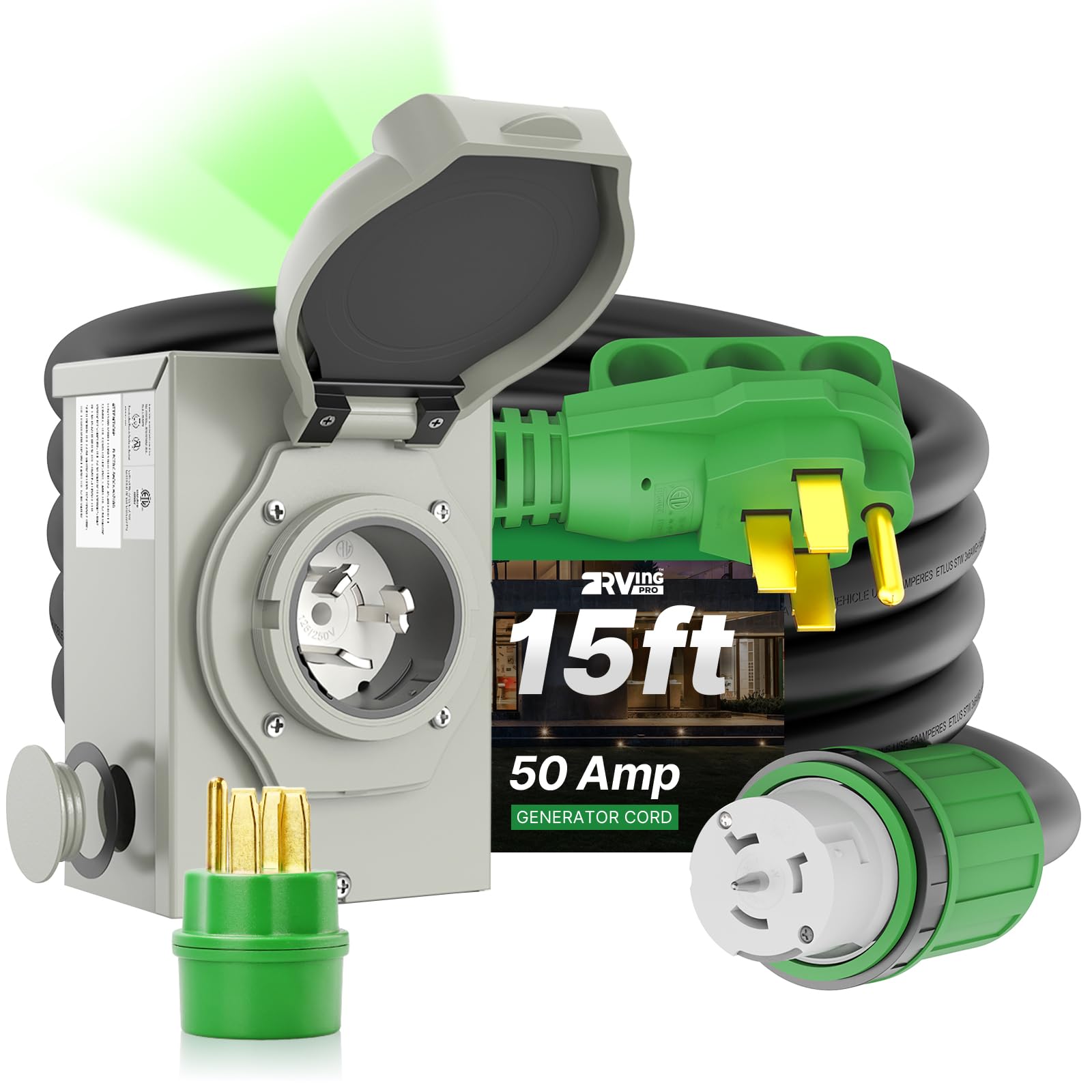 50 AMP Generator Inlet Box and 15Ft 50 AMP Generator Cord Kit
