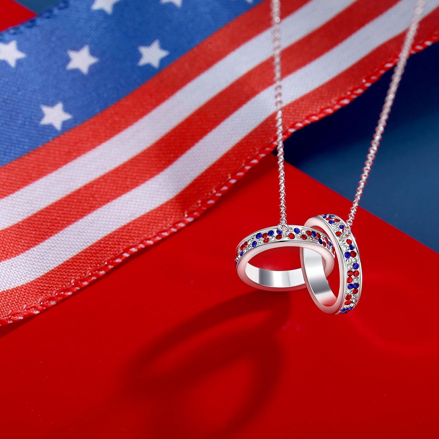 MUYUU Double Ring Necklace, Silver Plated Red White and Blue Necklace, Sparkly Crystal Necklace For Women Patriotic Jewelry - Image 4