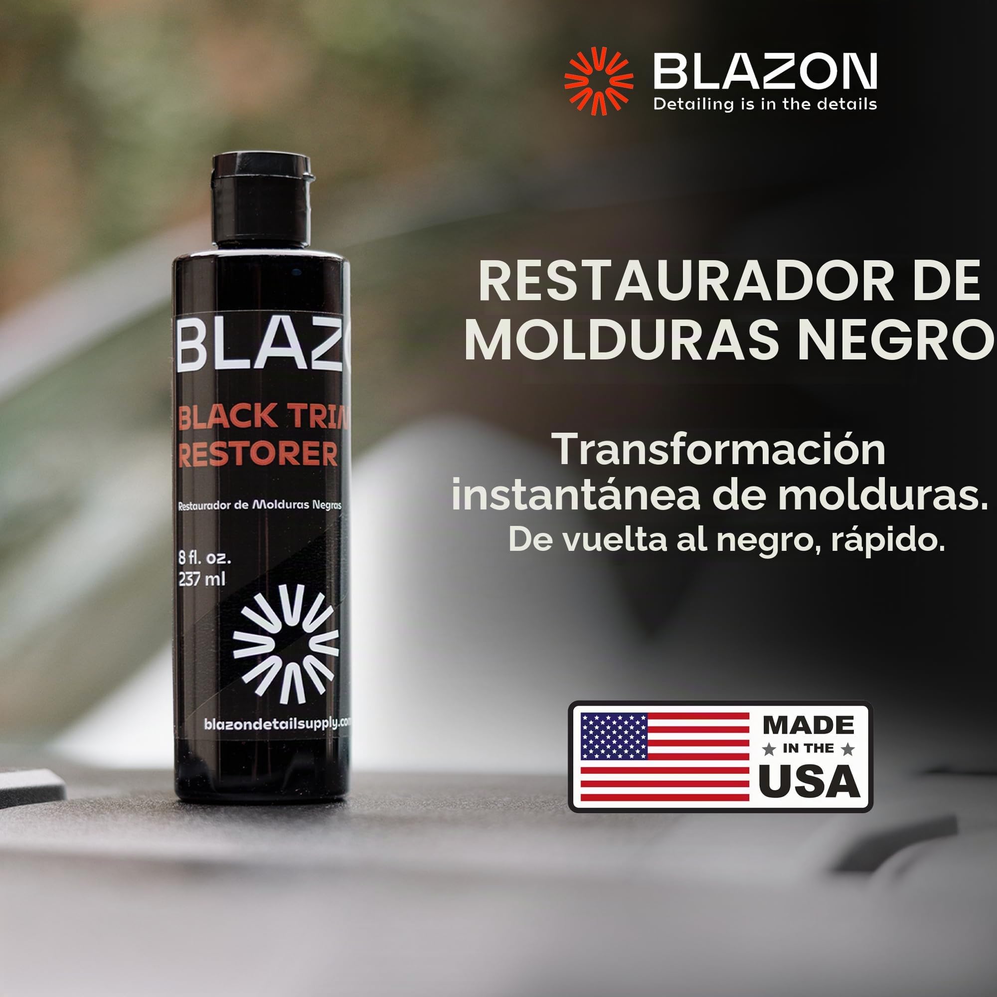 BLAZON Black Trim Restorer - Restaurador de plástico con infusión de tinte para molduras exteriores desteñidas, acabado negro profundo, corrección de arañazos, larga durabilidad y protección UV, 8