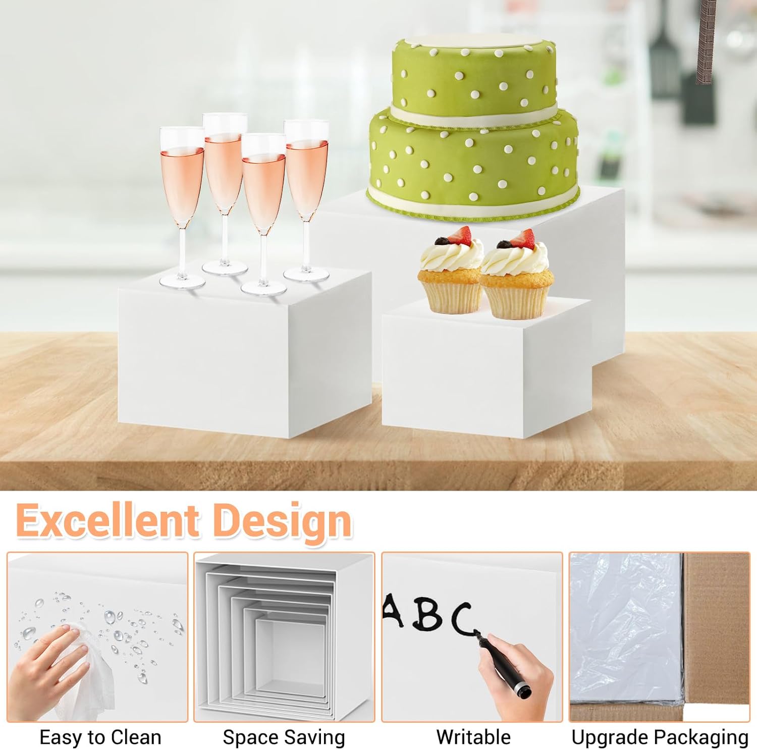 Garvee 6 Piece Buffet Risers Display Stand for Party, White Acrylic Cube Food Riser with Hollow Bottom, Cupcake Dessert Stand Nesting Storage Box for Catering, Jewelry & Collectibles