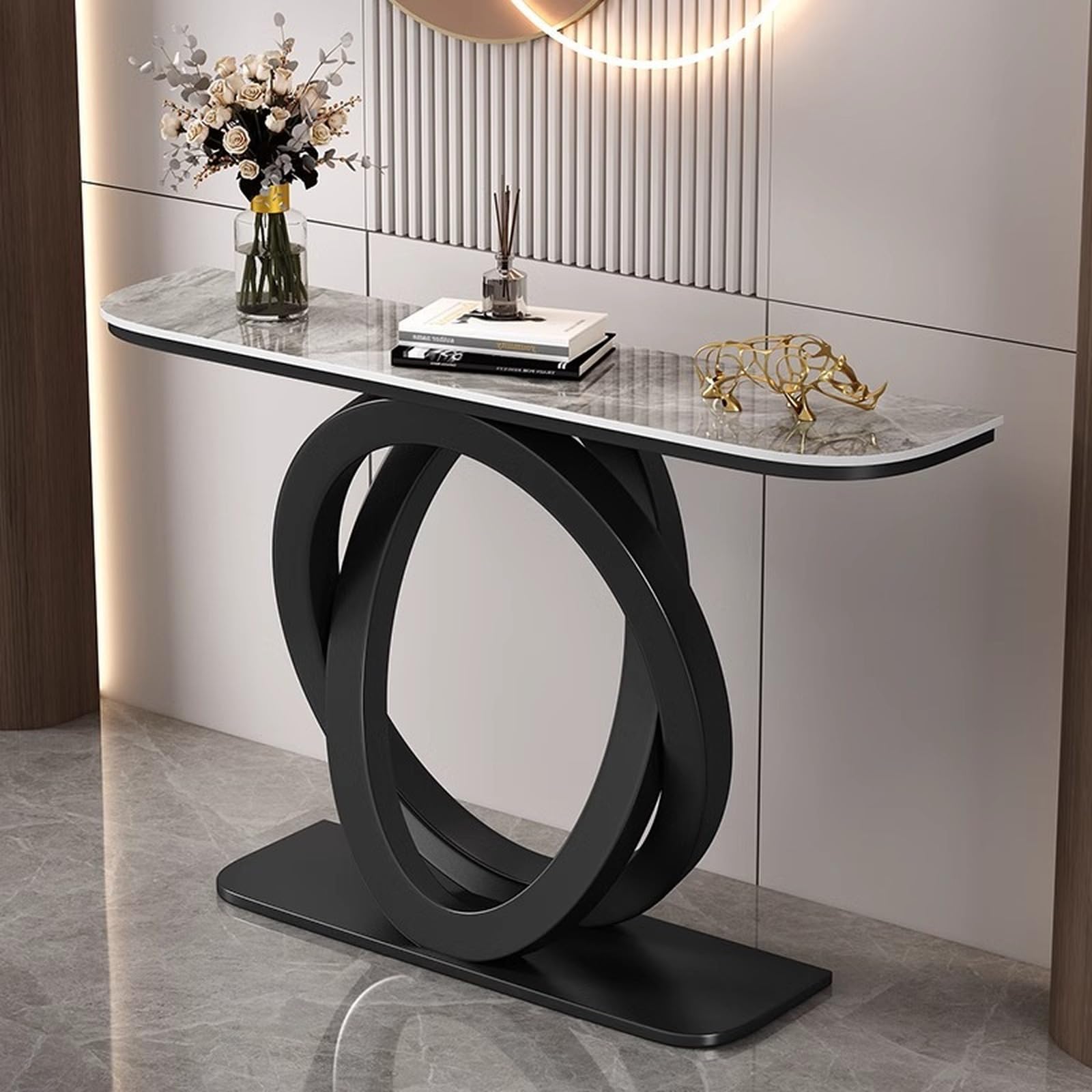 MESCXTY Console Table, Modern Entryway Table with Oval Frame, Narrow Faux Marble Accent for Living Room, Hallway, Entrance(39 Inch, Gray & Black)