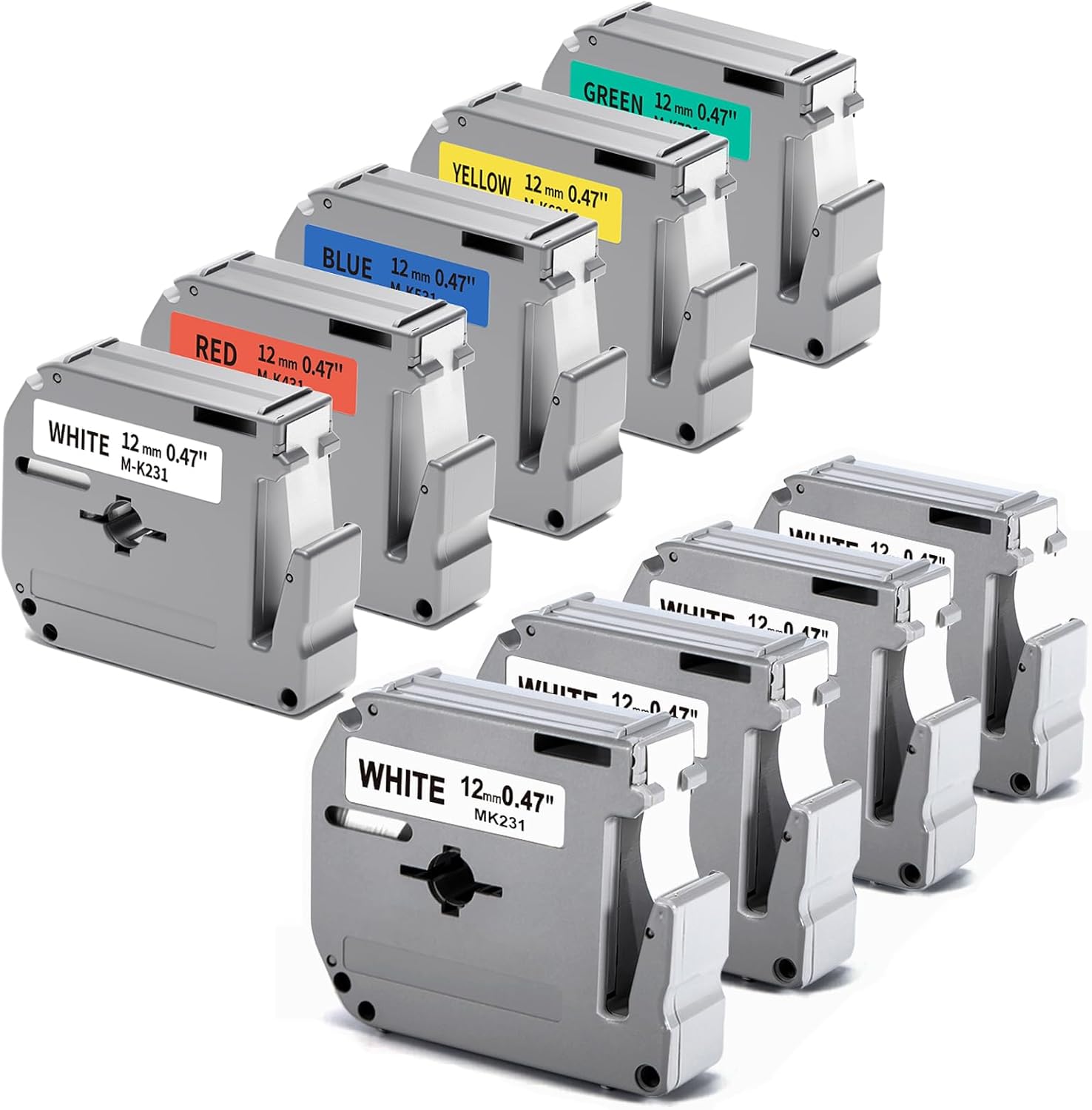 5 White + 4 Color Compatible with Brother M Tape 12mm 0.47'' 1/2'' M-K231 M-K431 M-K531 M-K631 M-K731 Label Tape for Brother Ptouch PTM95 PT-65 PT-80 PT-70bm PT-45 Label Maker, 9 Pack