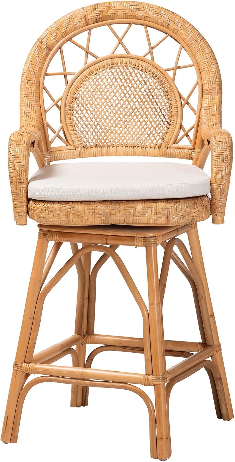 Bali & pari Adam Natural Rattan Counter Stool with Cushion - Handwoven Wicker Swivel Bar Chair for Kitchen Island or Lounge Area