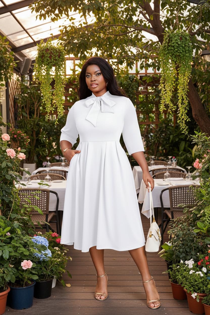 FANDEE Midi Dress for Women Casual 3/4 Sleeve Semi Formal Fit and Flare Dress Classy Tie Neck Work Business Dresses - Image 5